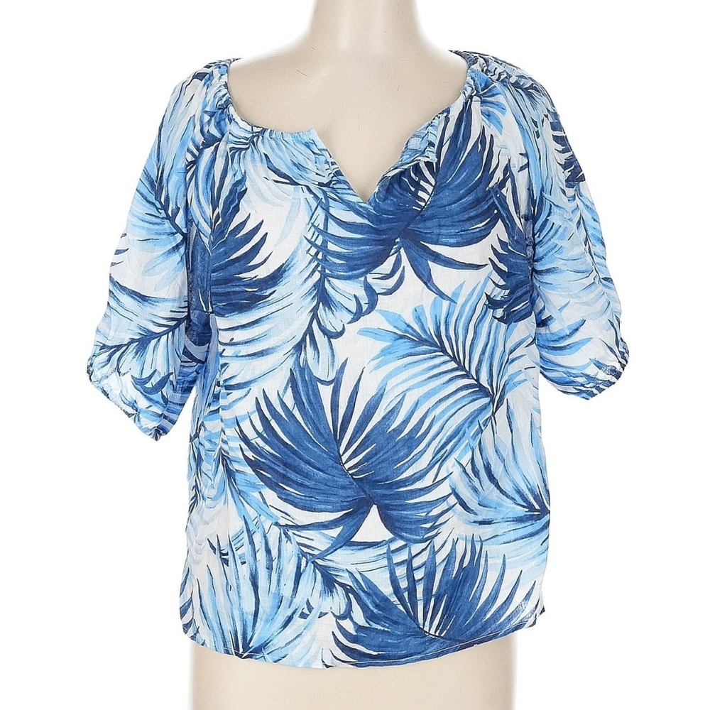 Talbots LINEN POPOVER WATERCOLOR LEAVES 100% Linen blouse Large Petite LP